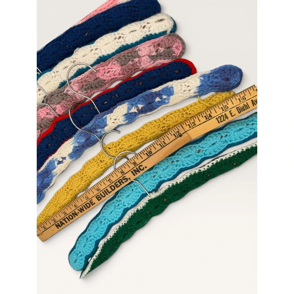 Vtg Grannycore Crochet Covered Wood Hangers Set 12 Multi Color Padded Non Slip